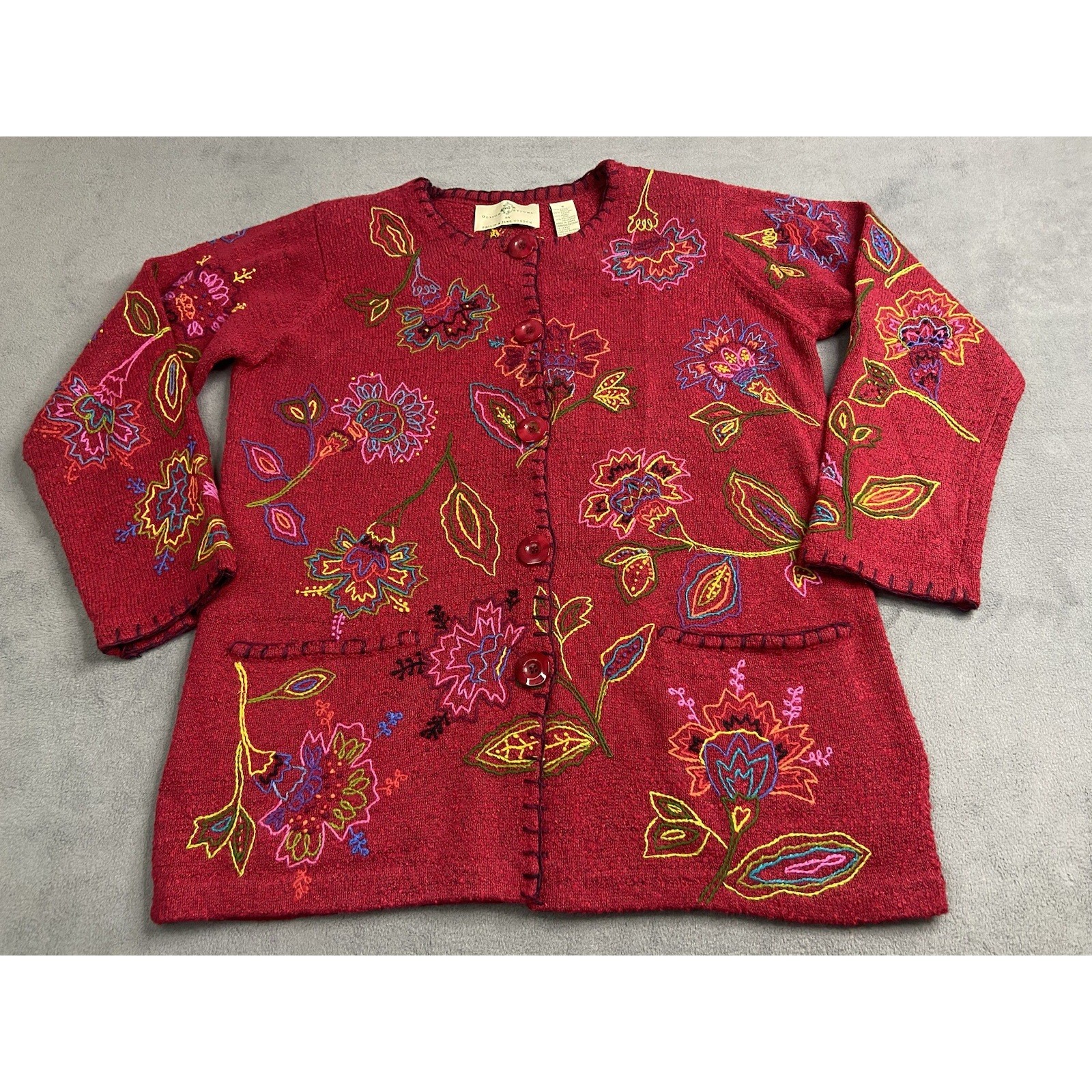 Vintage Design Options Sweater Womens Small Red Cardigan Floral Fall